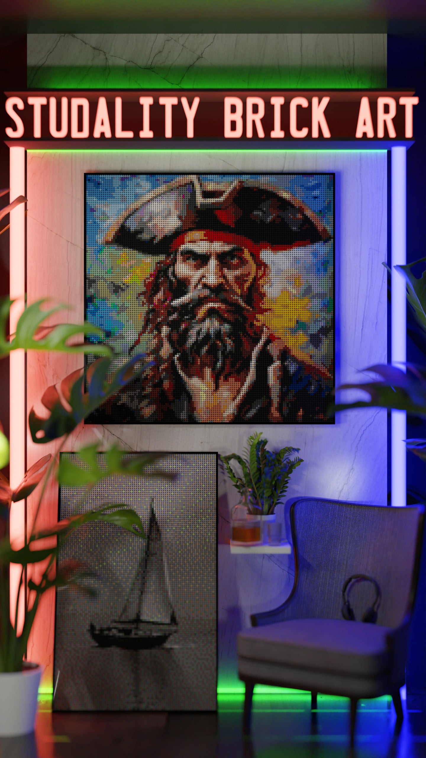 Captain Dreadheart LEGO® Style mosaic wall art made from colorful plastic bricks